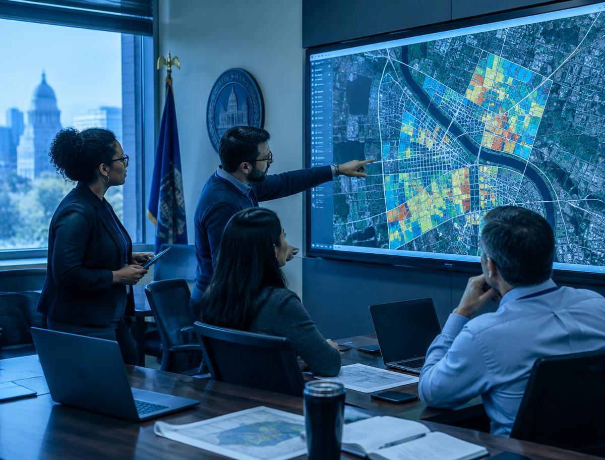 City staff reviewing a neighborhood GIS map on a large screen