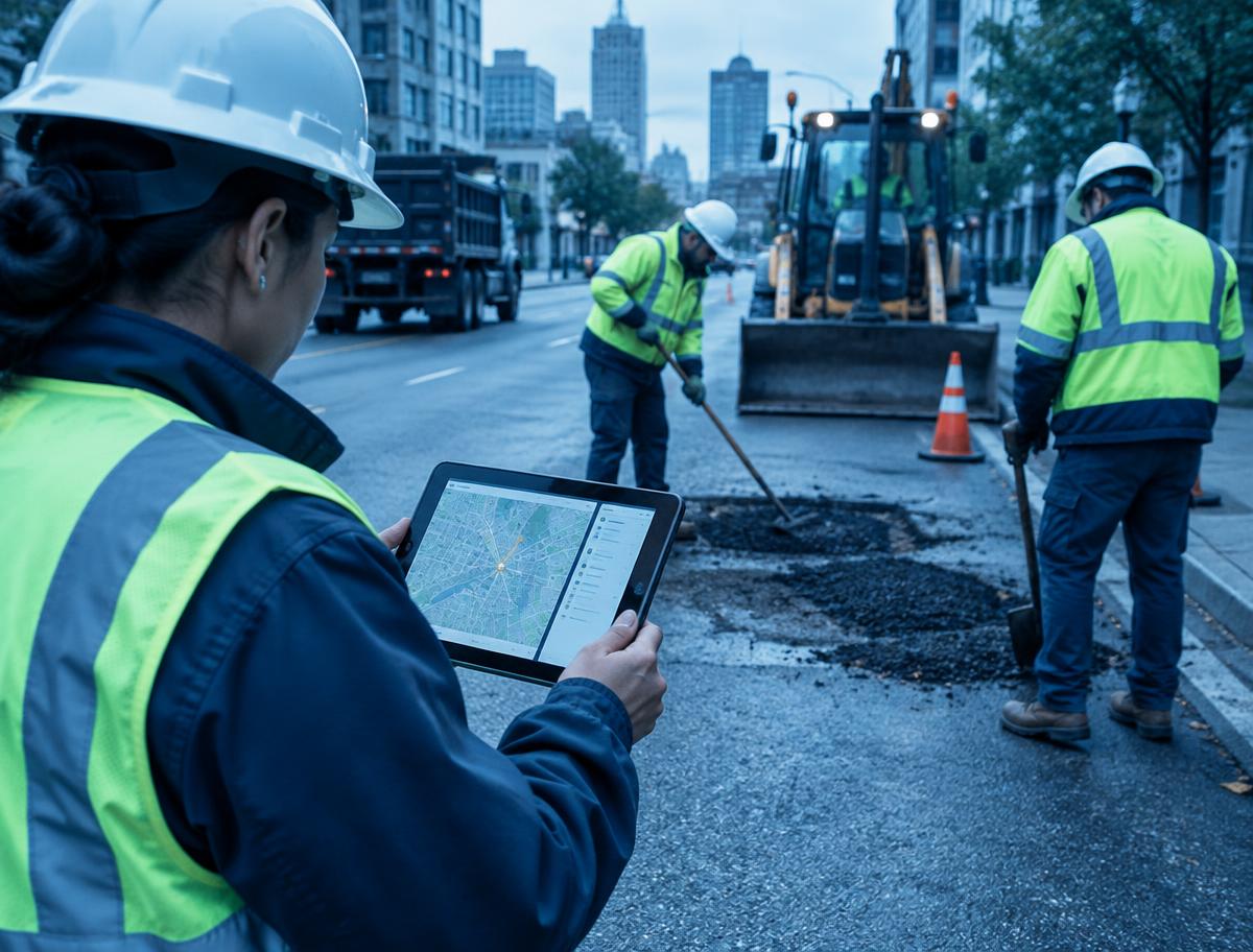 Public works crew at a street repair checking a work-order map on a tablet