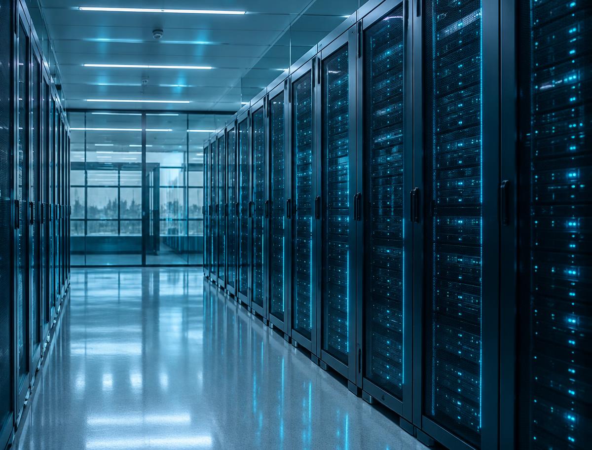 Rows of servers in a modern government data center