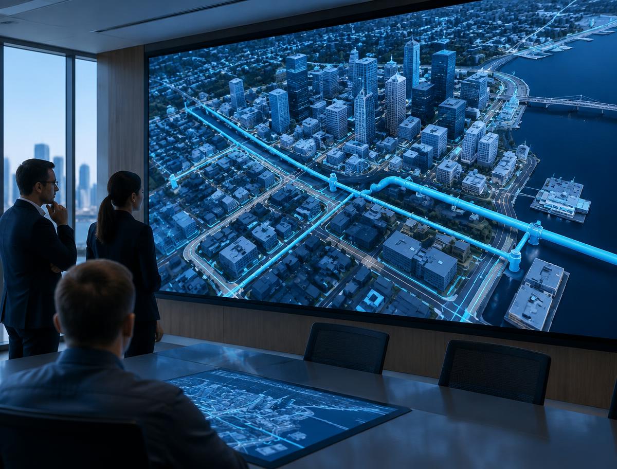 Leaders viewing a 3D digital twin of a city district